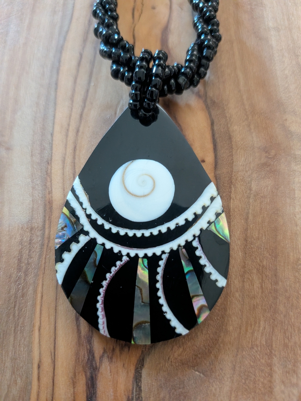 Teardrop Abalone Inlay Pendant On Beaded Necklace